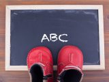 ABC message and kid shoes on on chalkboard